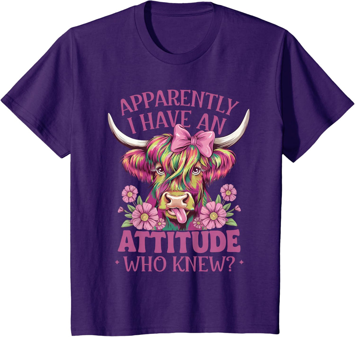 Apparently I Have An Attitude Who Knew Funny Highland Cow Tee T-Shirt - Purple