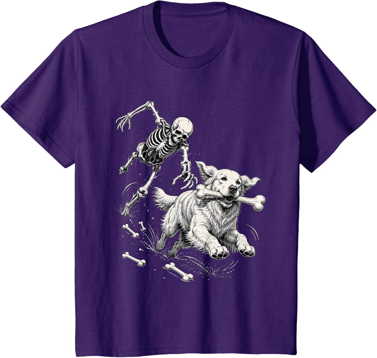 Humor Halloween Skeleton Chasing Golden Retriever T-Shirt - Purple