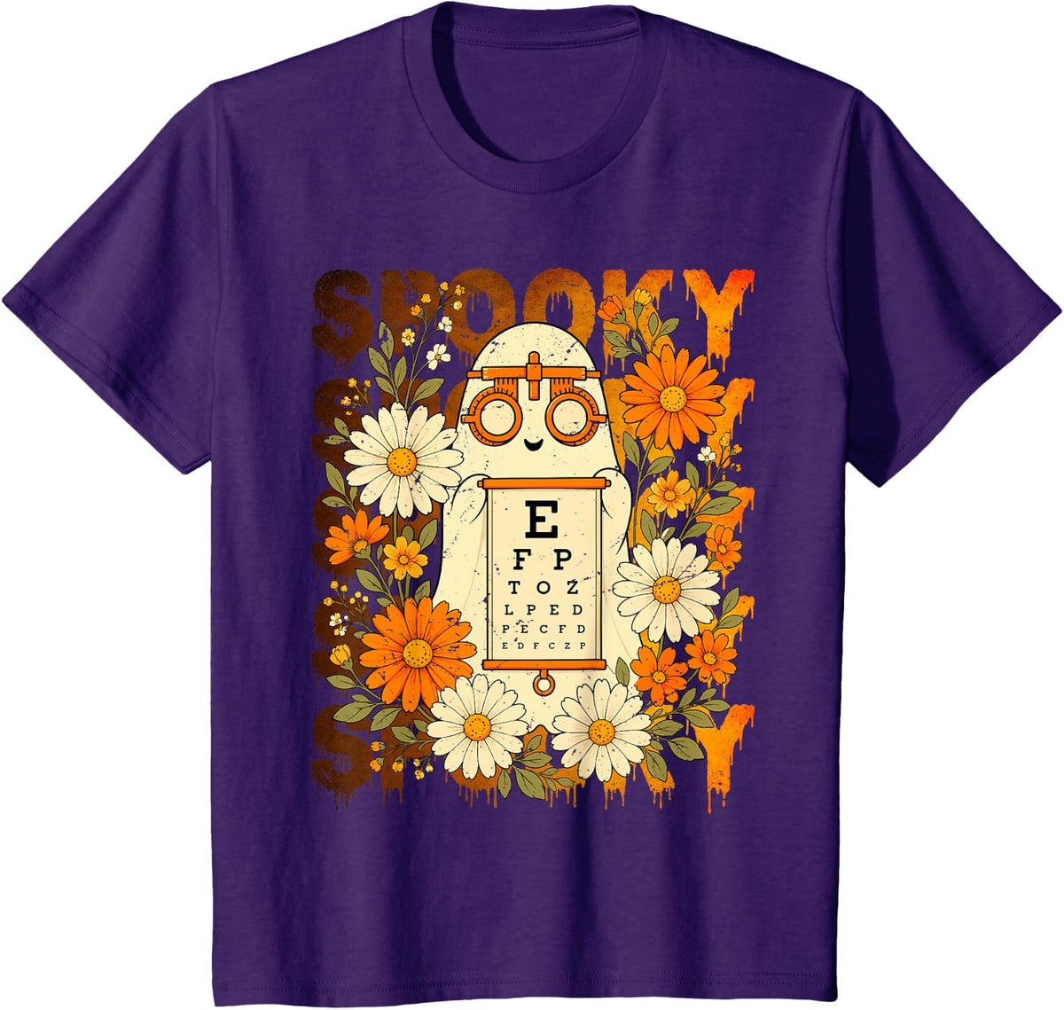 Halloween Retro Spooky Ghost Optometrist Flowers Women Men T-Shirt - Purple