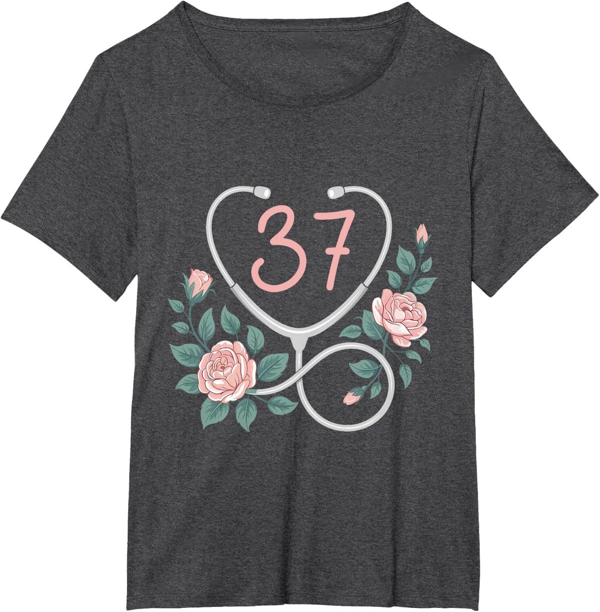 37th Birthday Nurse Stethoscope Cute Floral 37 Years Old T-Shirt - Dark Heather Grey