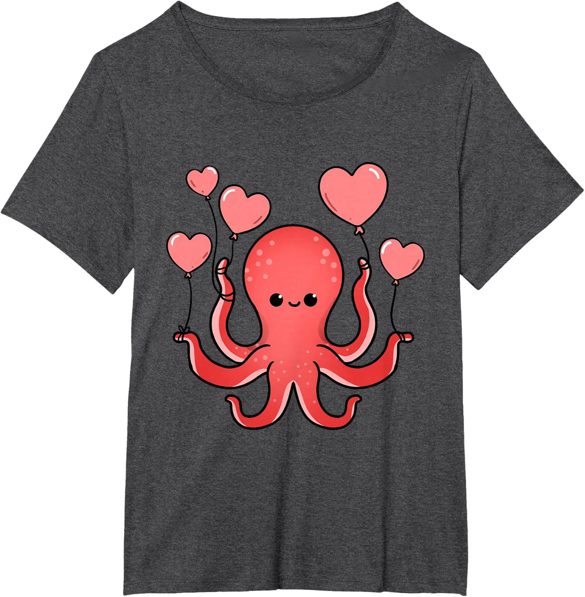 Valentine Octopus With Heart Balloons T-Shirt - Dark Heather Grey