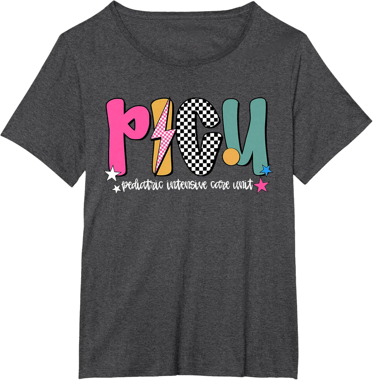 PICU Lightning Bolt Checkered Pediatric Intensive Care Unit Nurse T-Shirt Tee - Dark Heather Grey
