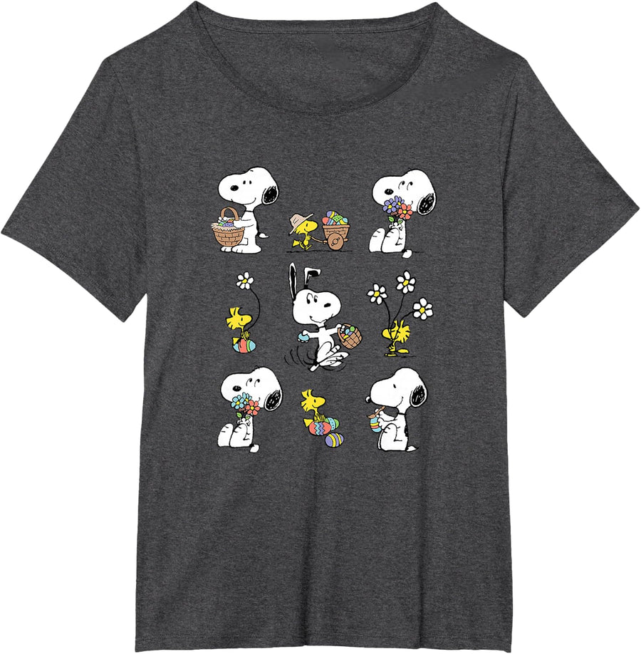 Peanuts - Snoopy Woodstock Easter Spring Pattern T-Shirt - Dark Heather Grey