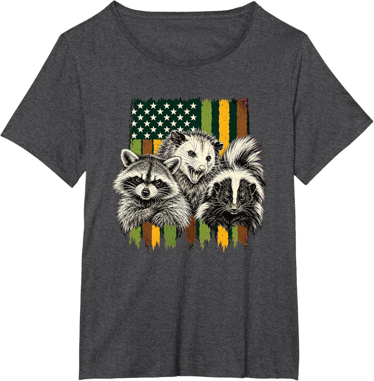 Raccoon Opossum Skunk American Flag Retro Vintage T-Shirt - Dark Heather Grey