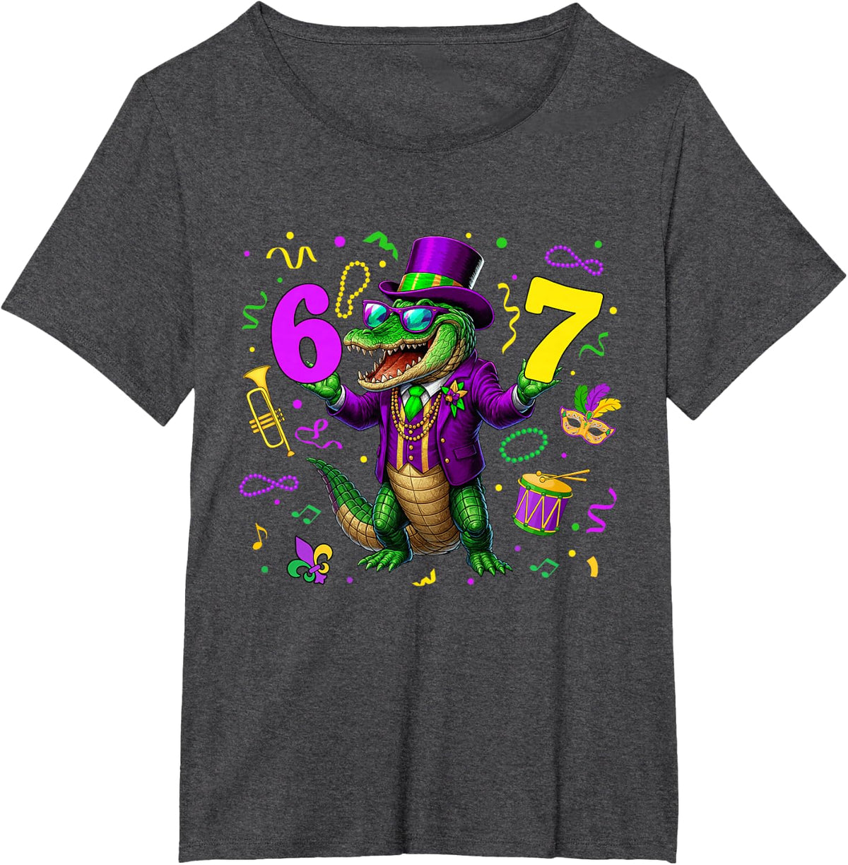 Alligator Six Seven Bruh 6 7 Meme Mardi Gras Carnival Kids T-Shirt - Dark Heather Grey