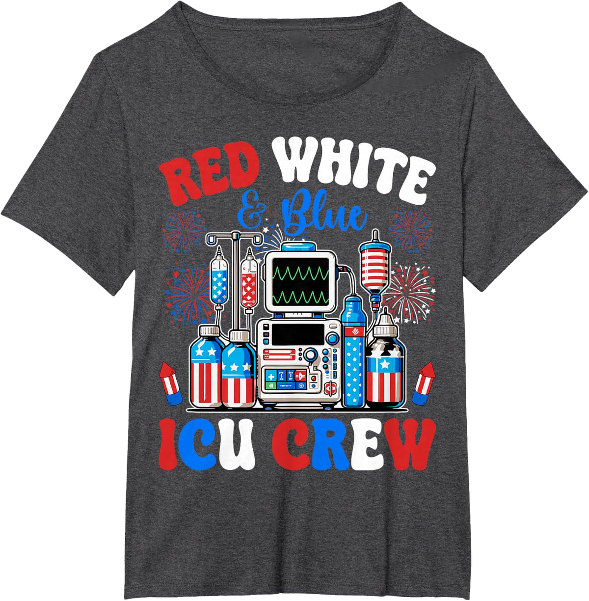ICU Crew Red White Blue 4th of July Fireworks USA Patriotic T-Shirt - Dark Heather Grey