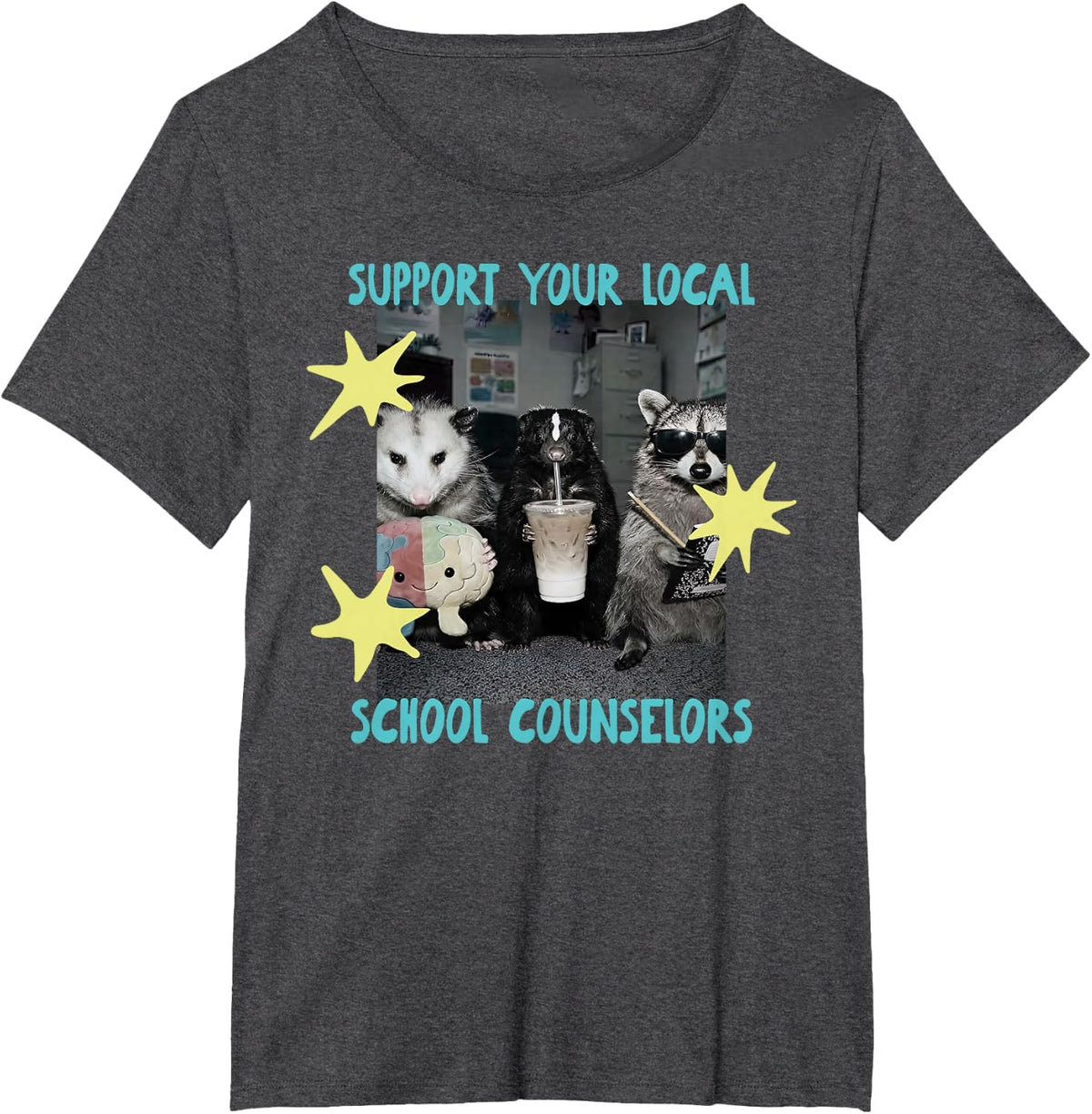 Support Your Local School Counselor Teacher Raccoon Possum T-Shirt - Dark Heather Grey