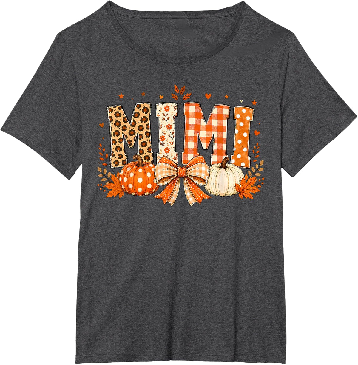 Retro Leopard Mimi Fall Leaves Pumpkin Grandma Thanksgiving T-Shirt - Dark Heather Grey