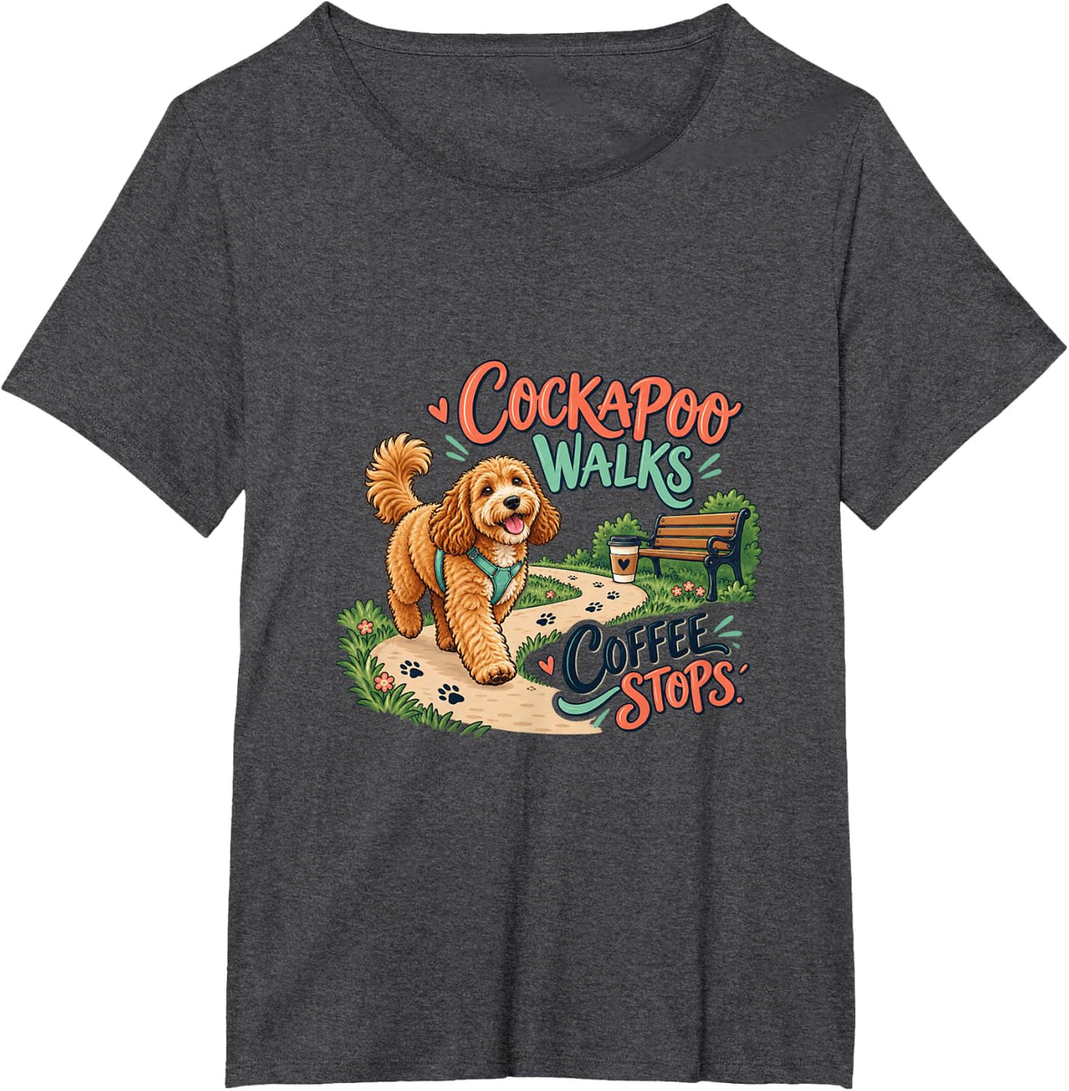 Cockapoo Dog Walking Coffee Pet Owner T-Shirt - Dark Heather Grey