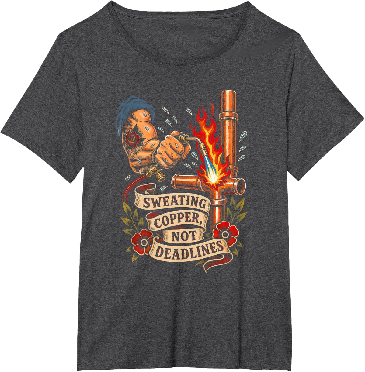 Plumber Copper Pipe Tattoo Flash Humor T-Shirt - Dark Heather Grey