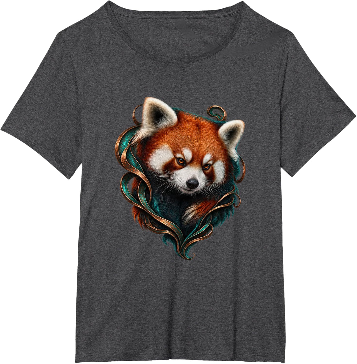 Red Panda with Oxidized Copper Scrolls Forest Art T-Shirt - Dark Heather Grey