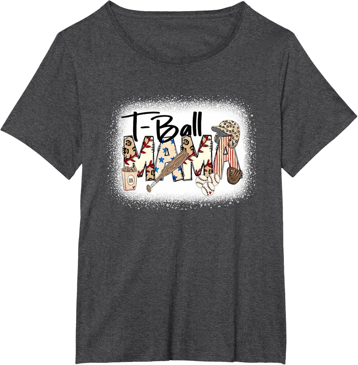 T Ball Mom Leopard Mother's Day Mama Tee Ball Bleached Funny T-Shirt - Dark Heather Grey