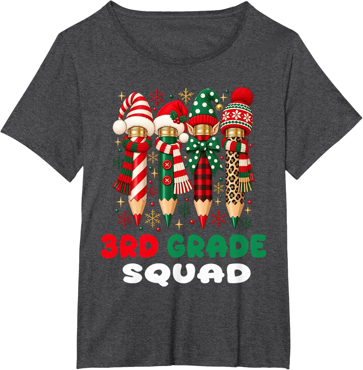 3rd Grade Teacher Christmas Third Grade Squad Pencil Xmas T-Shirt - Dark Heather Grey