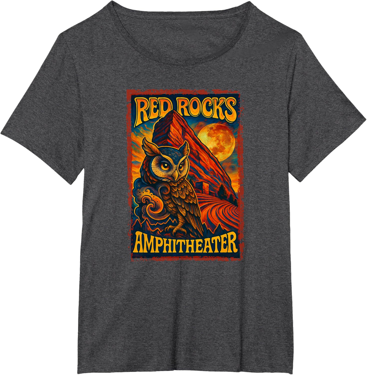 Red Rocks Amphitheater Morrison, Colorado, Rock Poster Owl T-Shirt - Dark Heather Grey