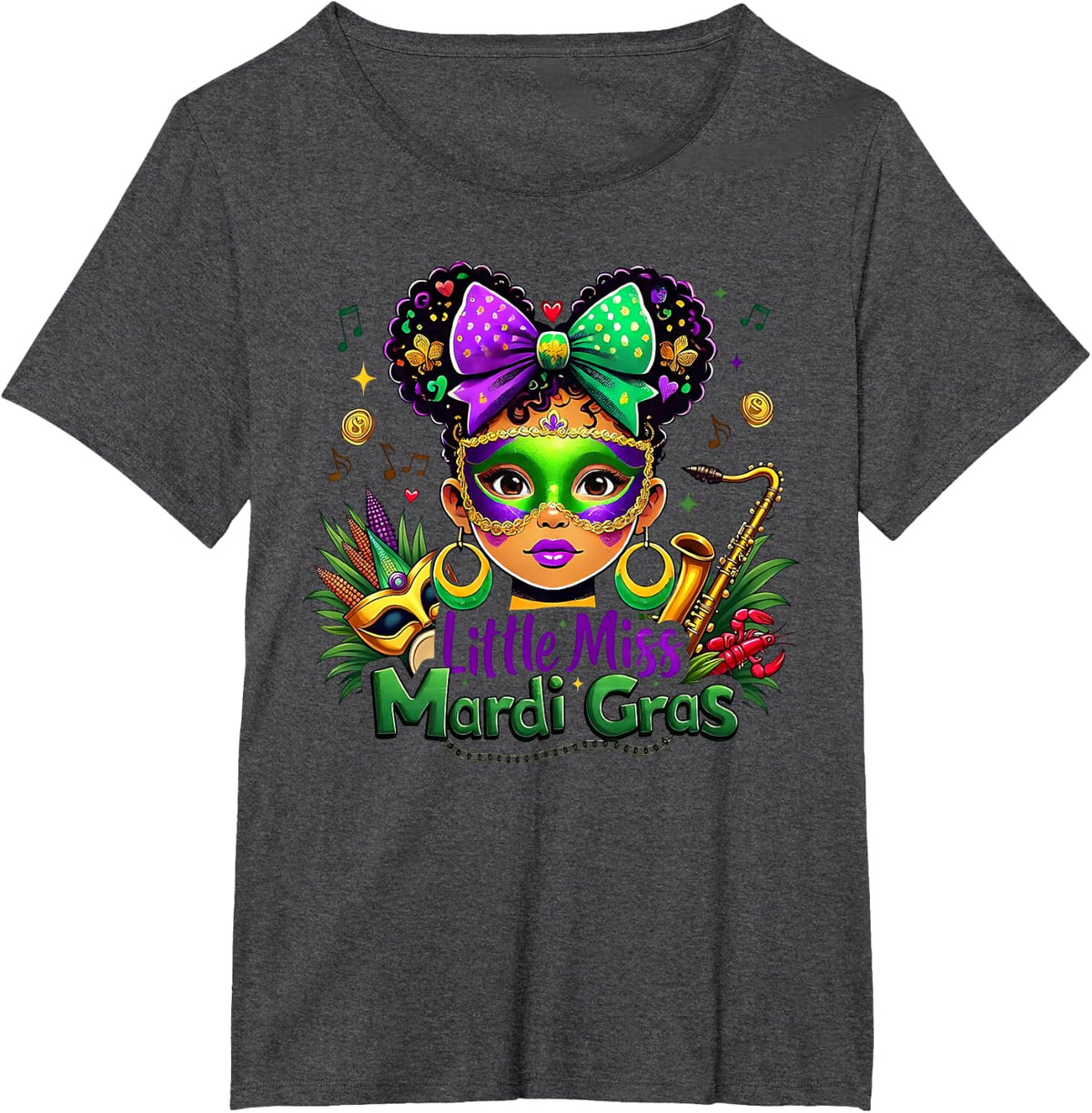 Little Miss Mardi Gras Parades Messy Bun Kids Girls Toddler T-Shirt - Dark Heather Grey
