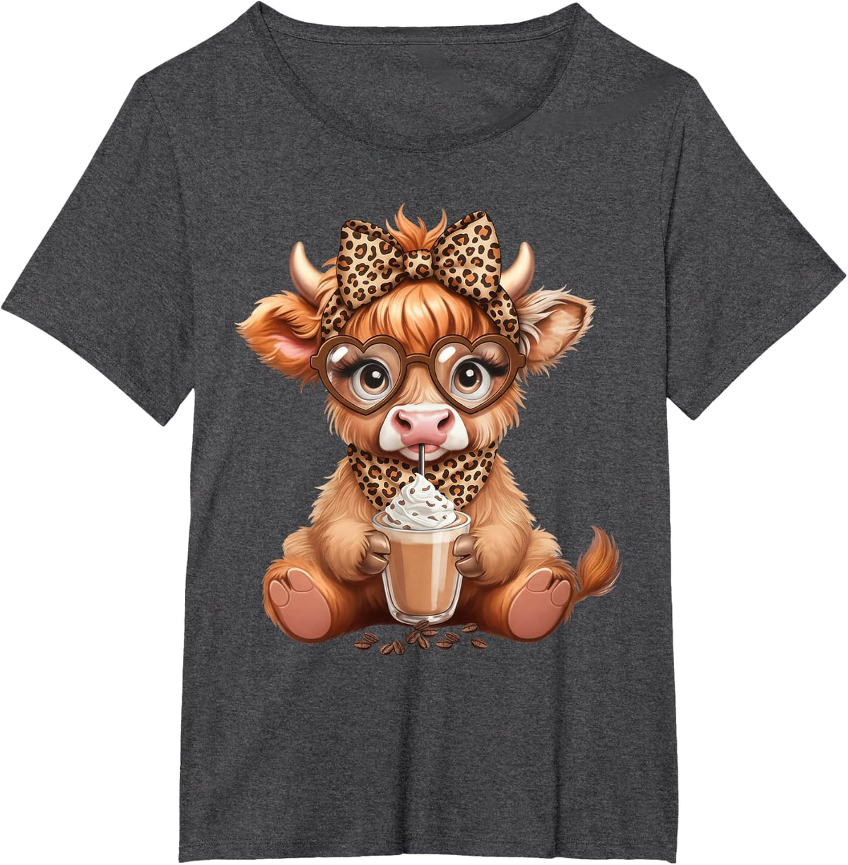 Cute Highland Cow Coffee Latte Lover Leopard Bow Glasses Tee T-Shirt - Dark Heather Grey