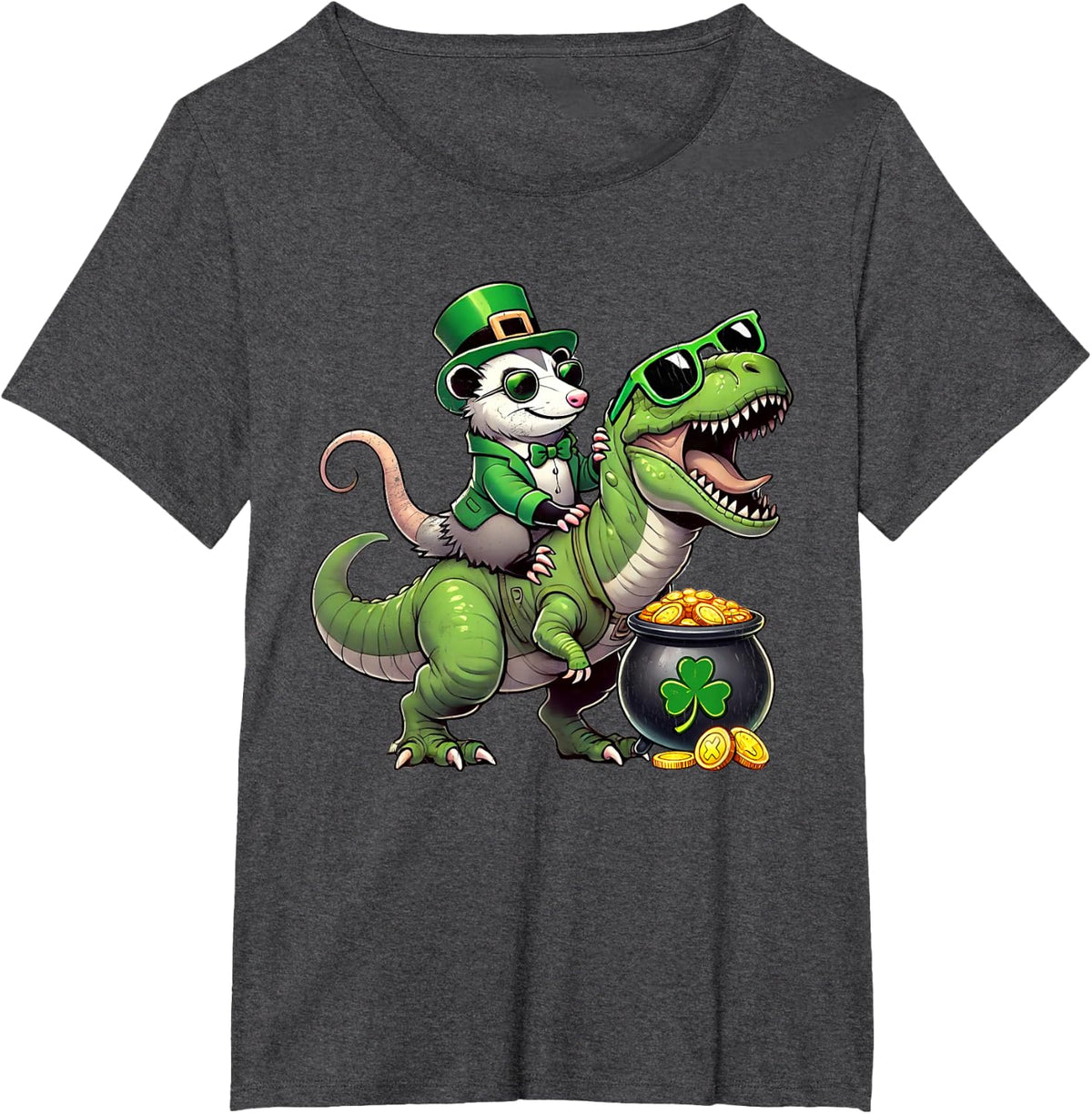 Opossum Riding Trex St Patricks Day Funny Possum Leperchaun T-Shirt - Dark Heather Grey