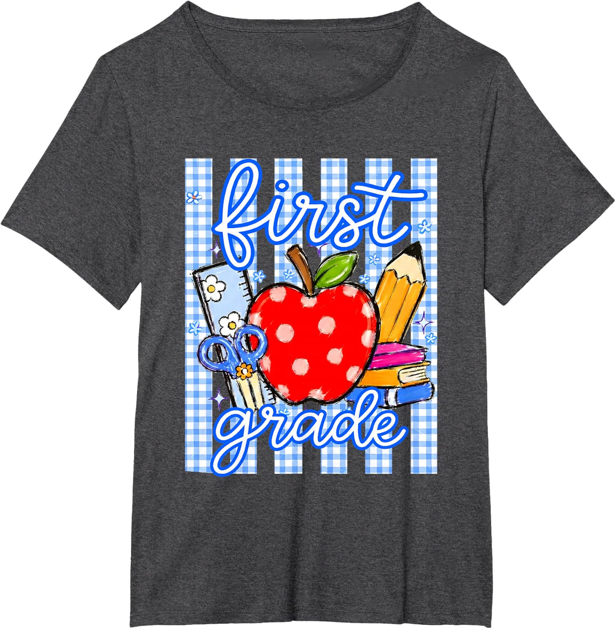 First Grade Blue Gingham Stripes Pencil Apple School Kids T-Shirt - Dark Heather Grey