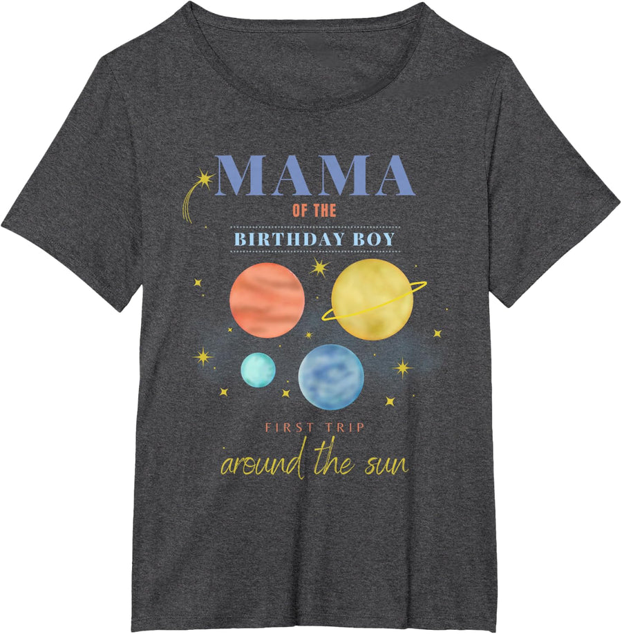 Mama Mom 1st Birthday First Trip Around The Sun Space Bday T-Shirt - Dark Heather Grey