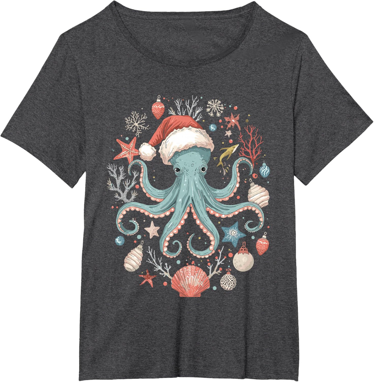 Octopus Glasses Santa Hat Xmas Christmas Light Ocean Animal T-Shirt - Dark Heather Grey