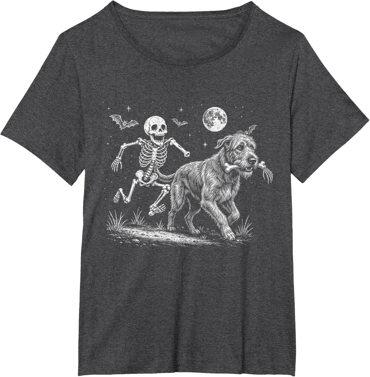 Funny Skeleton Chasing Irish Wolfhound Halloween Dog Mom Pet T-Shirt - Dark Heather Grey