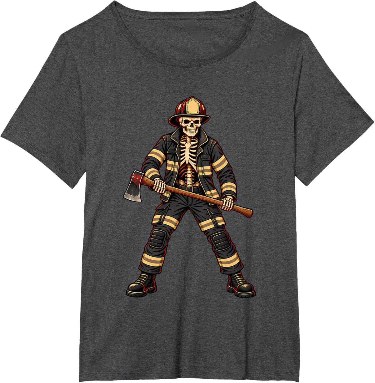 Skeleton Firefighter Halloween Costume Fire Rescue Gear T-Shirt - Dark Heather Grey