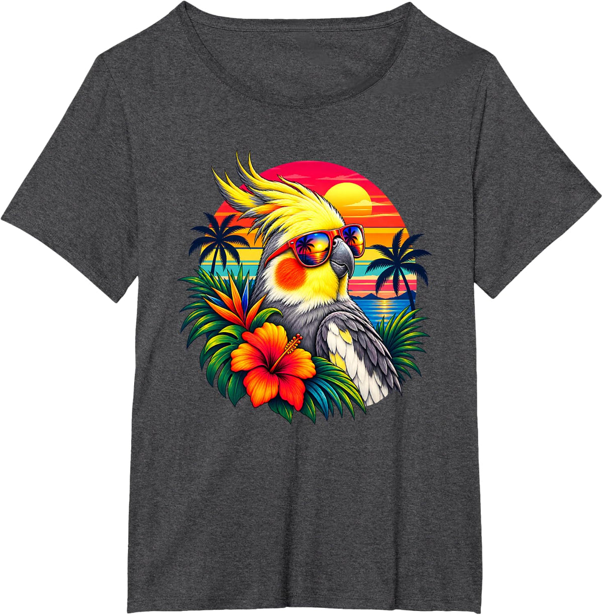 Cockatiel Lover Retro Sunset Floral Tropical Bird T-Shirt - Dark Heather Grey