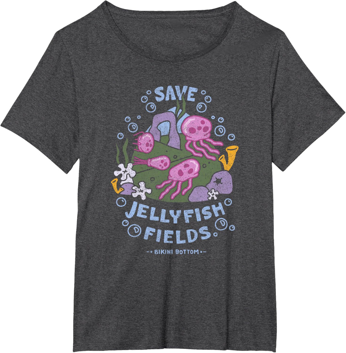 Spongebob Squarepants Save Jellyfish Fields Bikini Bottom T-Shirt - Dark Heather Grey