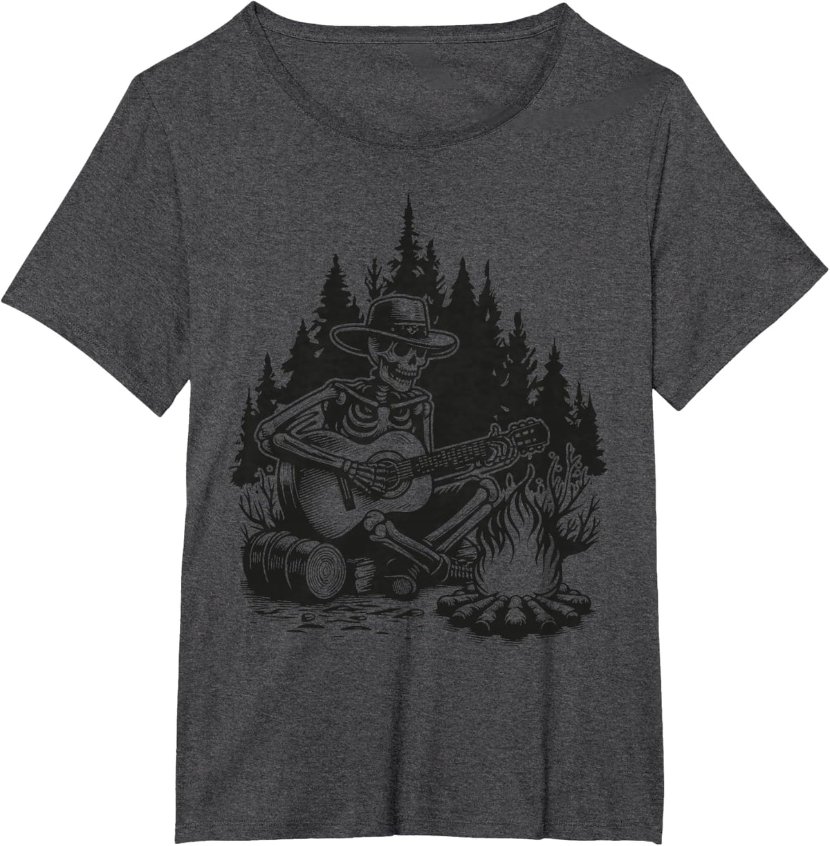 Camp Skeleton Country Music Campfire Skeleton Playing Guitar T-Shirt - Dark Heather Grey