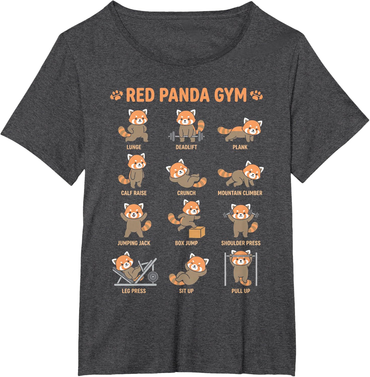Red Panda Gym Kawaii Poses Cute Funny Animal Chart T-Shirt - Dark Heather Grey