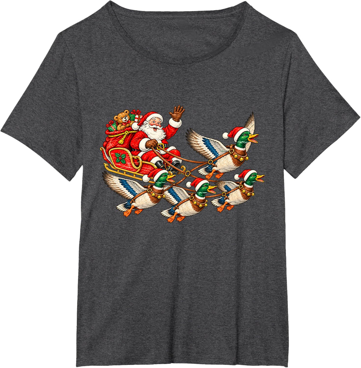 Santa Duck Sleigh Funny Christmas Mallard Ducks Holiday T-Shirt - Dark Heather Grey