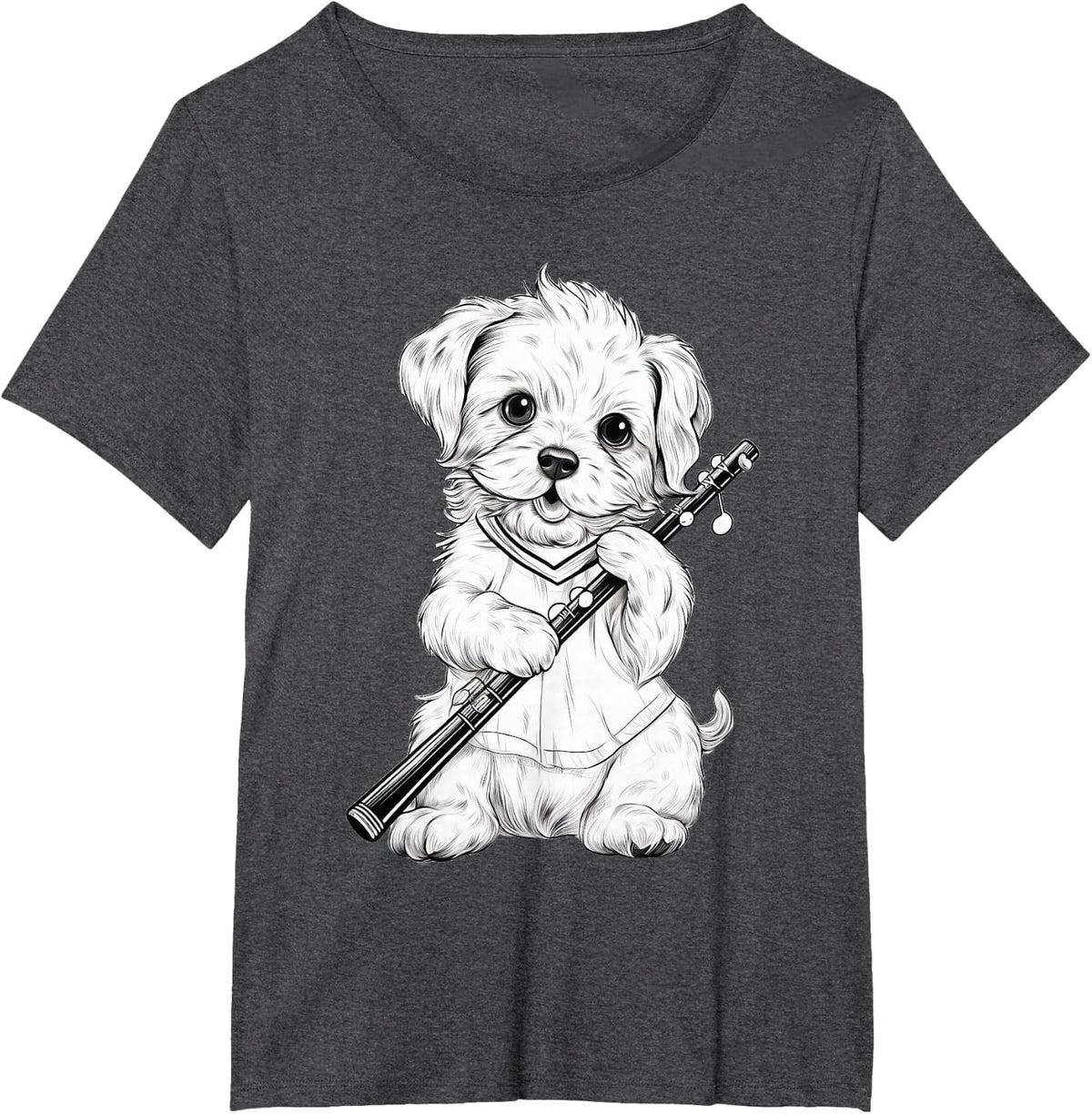Dog Puppy Playing Flute Musician Dogs Lover T-Shirt - Dark Heather Grey