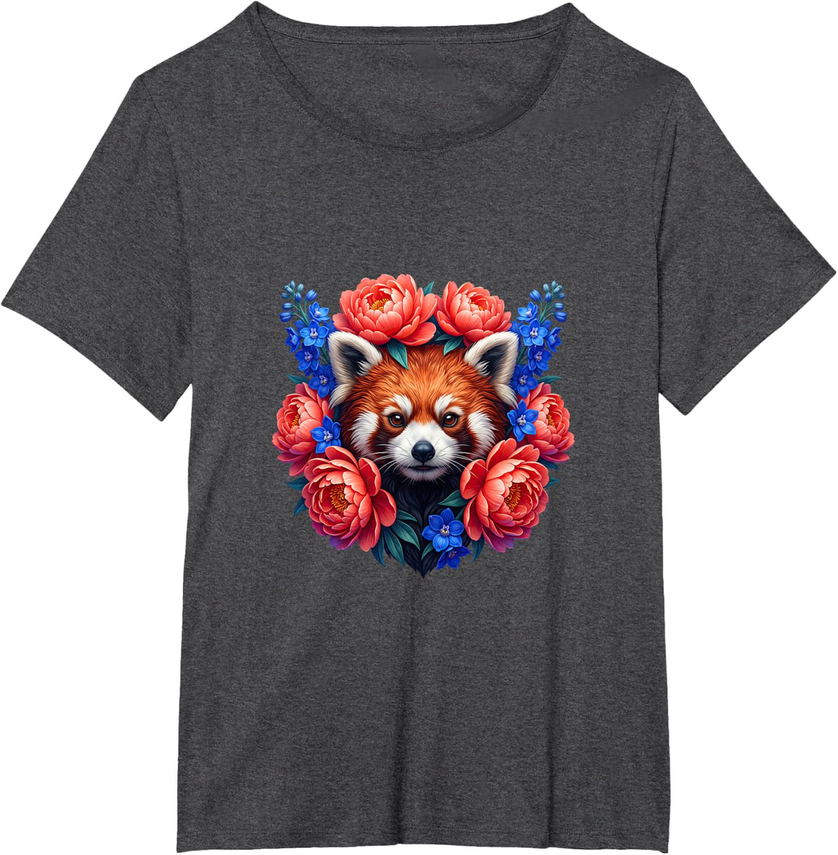 Red Panda with Soft Pink Peonies T-Shirt - Dark Heather Grey