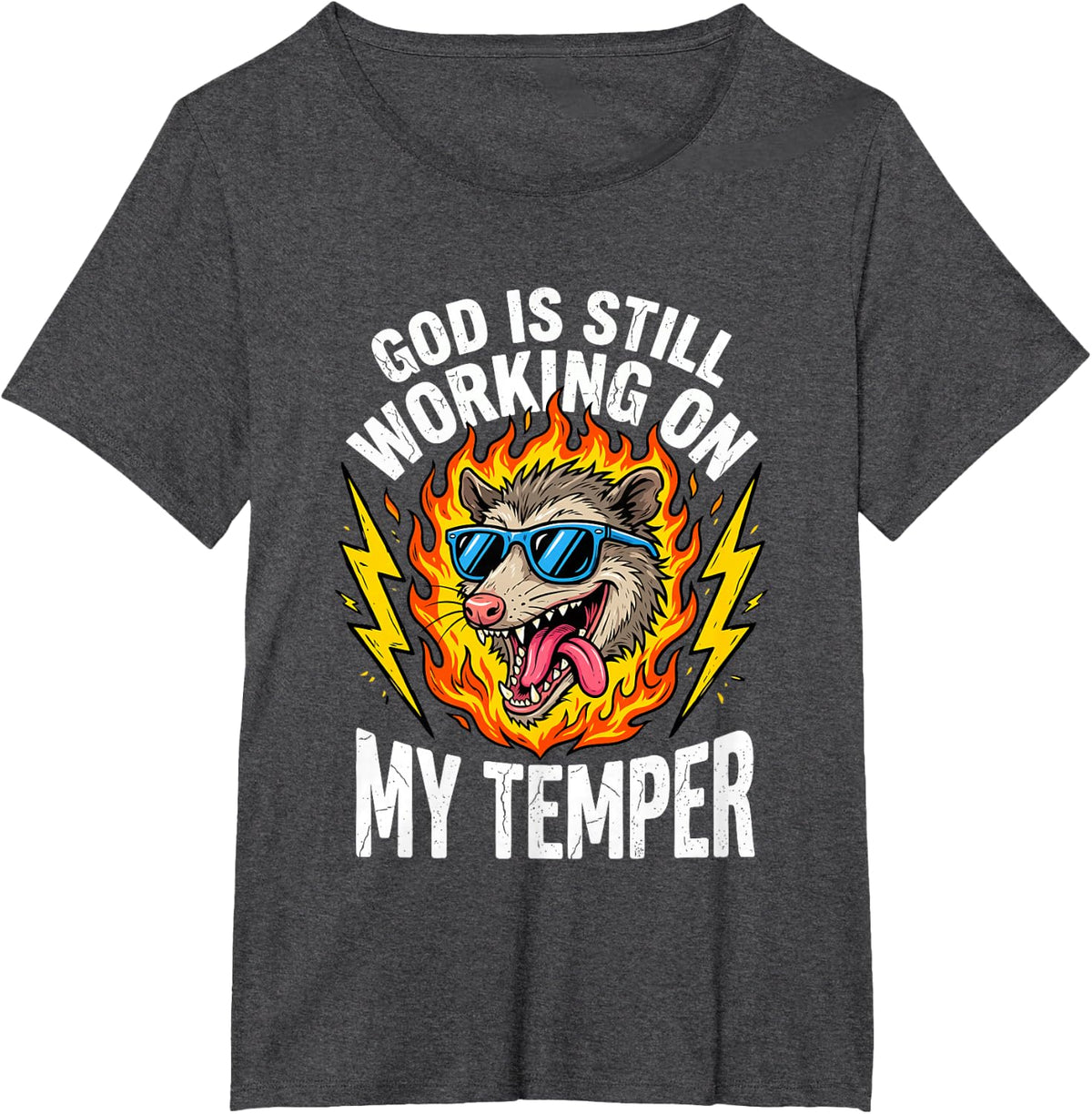 God is Still Working On My Temper Opossum Animal Lover T-Shirt - Dark Heather Grey