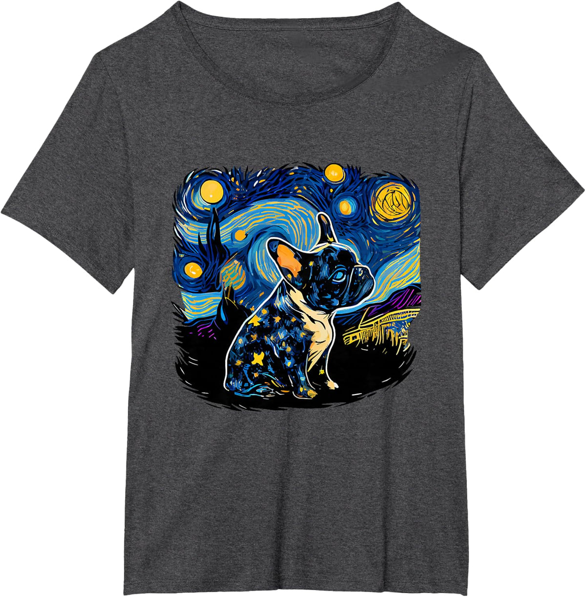 Black Frenchie French Bulldog Starry Night Van Gogh Colorful T-Shirt - Dark Heather Grey