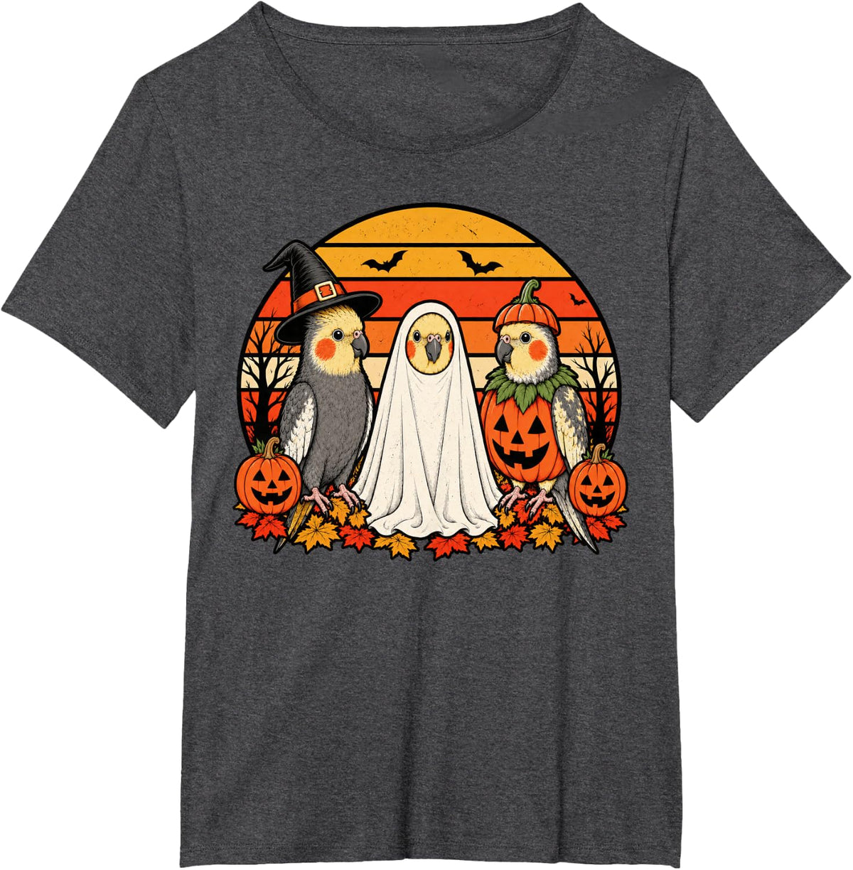 Spooky Cockatiel Pumpkin Ghost Halloween Parrot T-Shirt - Dark Heather Grey