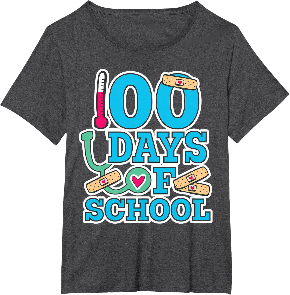 School Nurse 100 Days of School T-Shirt Tee for Elementary Nurses - Dark Heather Grey