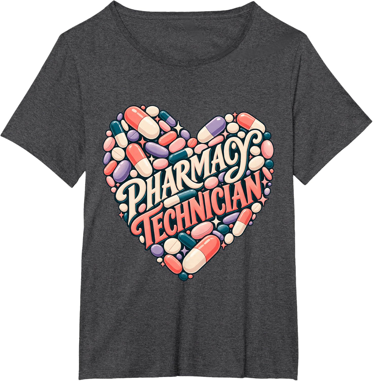 Pharmacy Technician Capsule and Tablet Heart Illustration T-Shirt - Dark Heather Grey