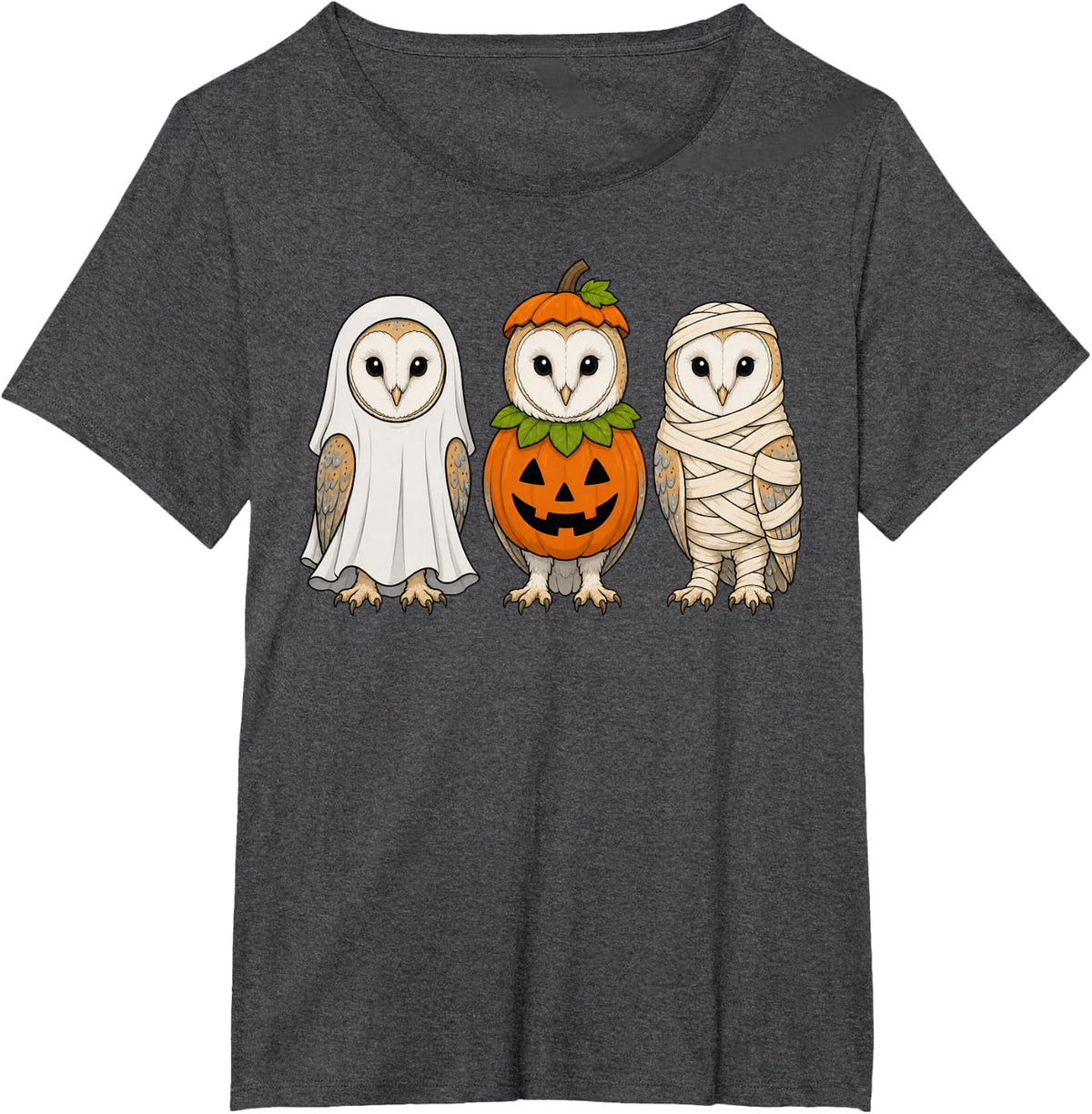Spooky Barn Owl Pumpkin Ghost Halloween T-Shirt - Dark Heather Grey