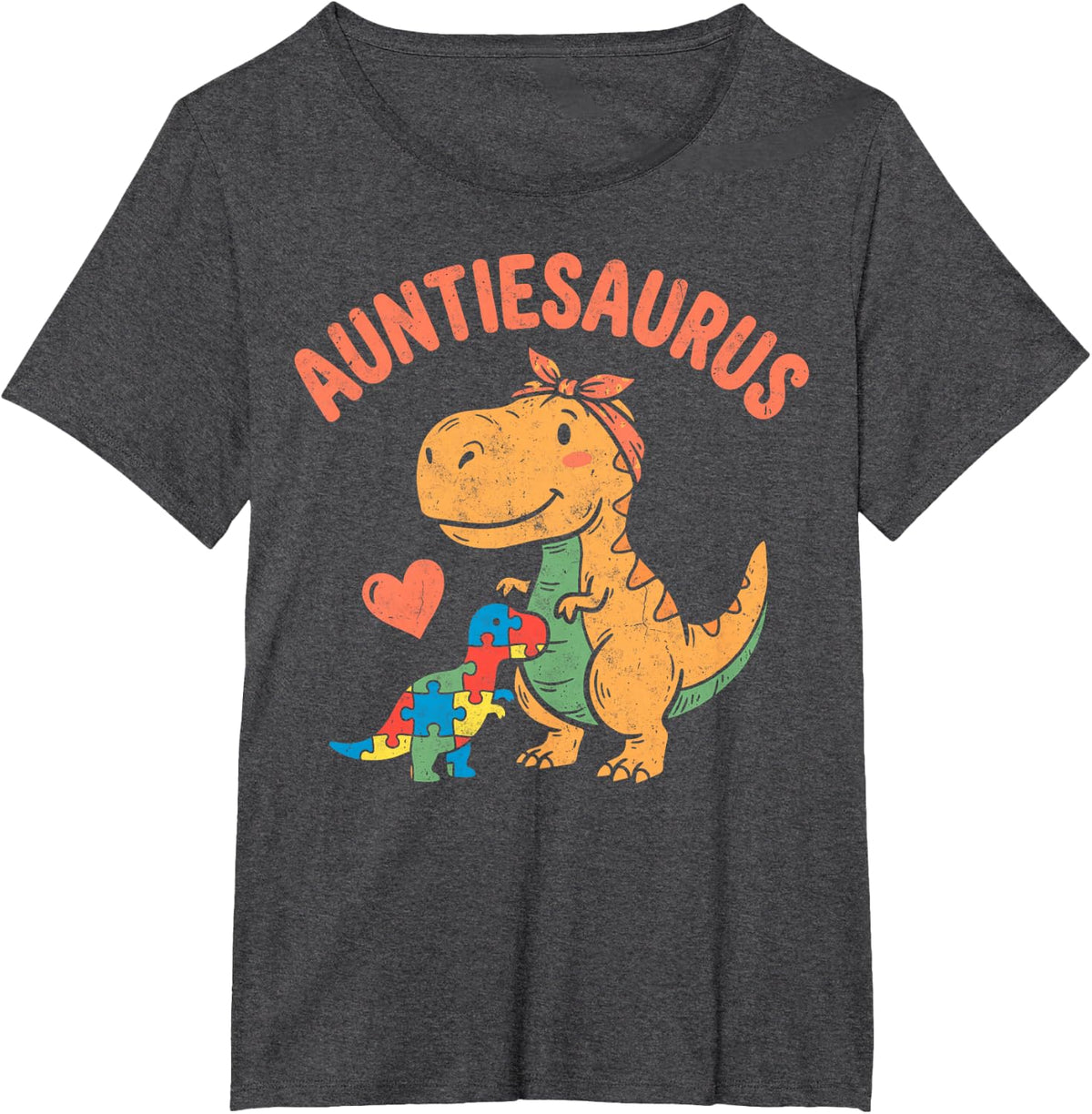 Autism Awareness Auntiesaurus Autism Aunt Dinosaur T-Rex Tee T-Shirt - Dark Heather Grey