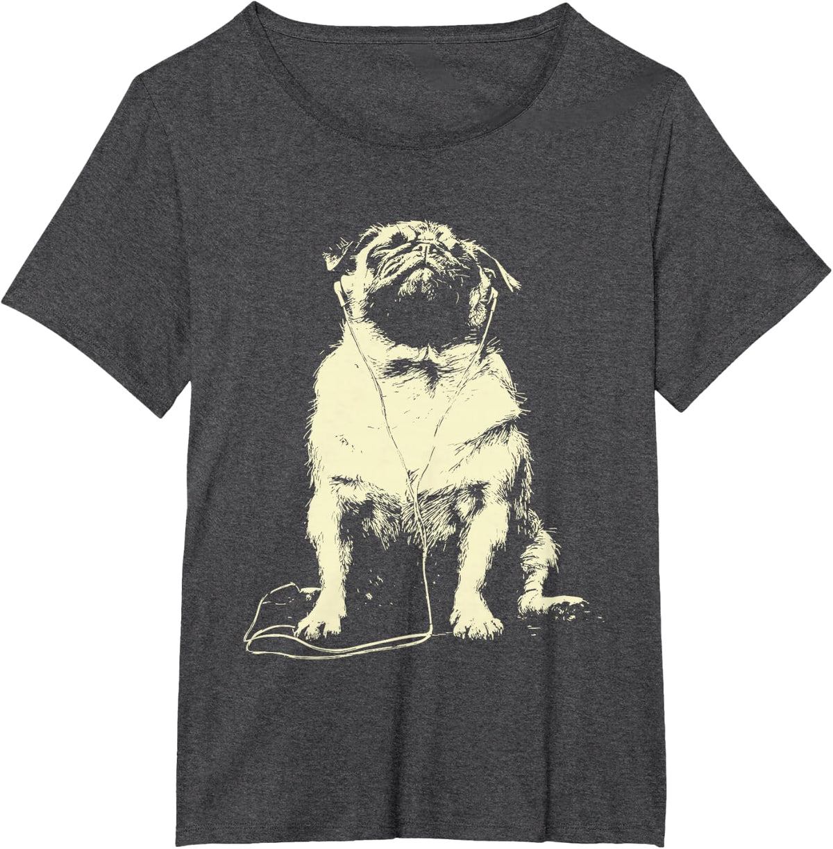 Cute Pug Listening Music Cool Dog with Earbuds Graphic T-Shirt - Dark Heather Grey