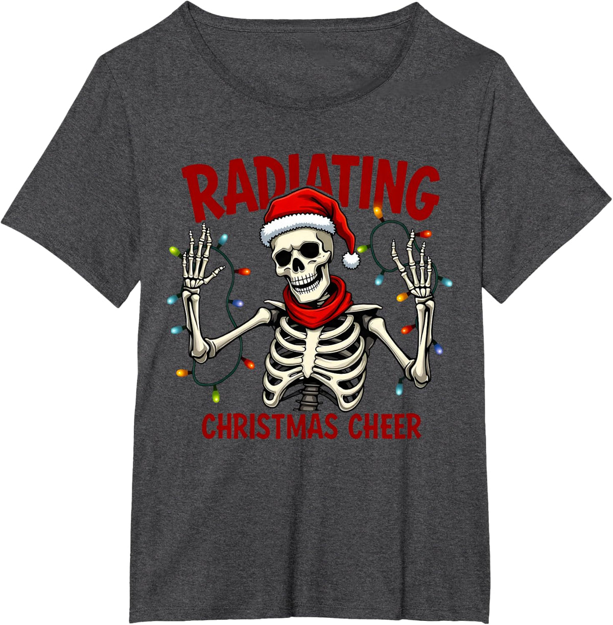 Funny Radiating Christmas Cheer Santa Skeleton Xmas Lights T-Shirt - Dark Heather Grey
