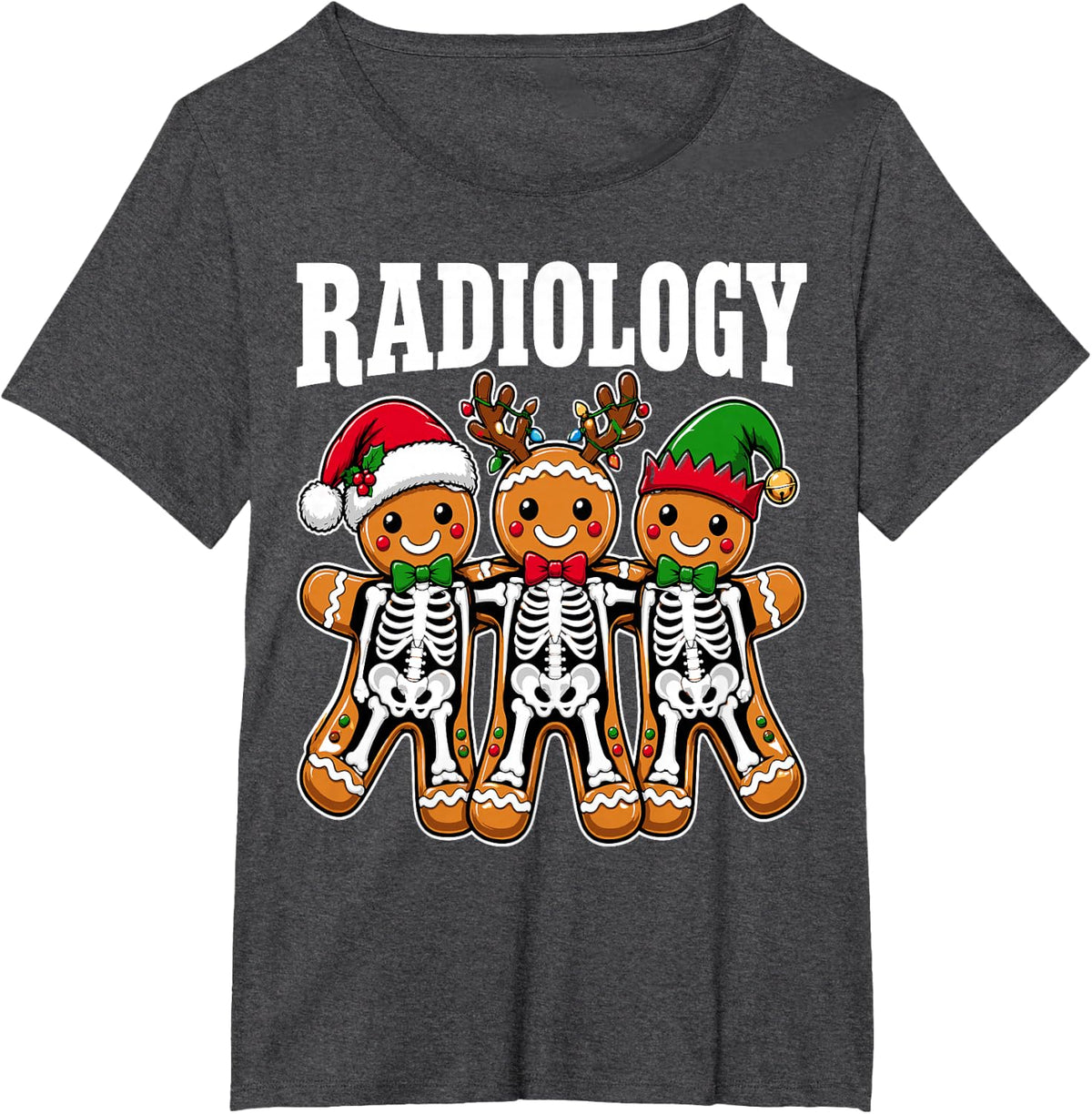 Radiology Tech Christmas Radiologist Gingerbread Elf Xmas T-Shirt - Dark Heather Grey