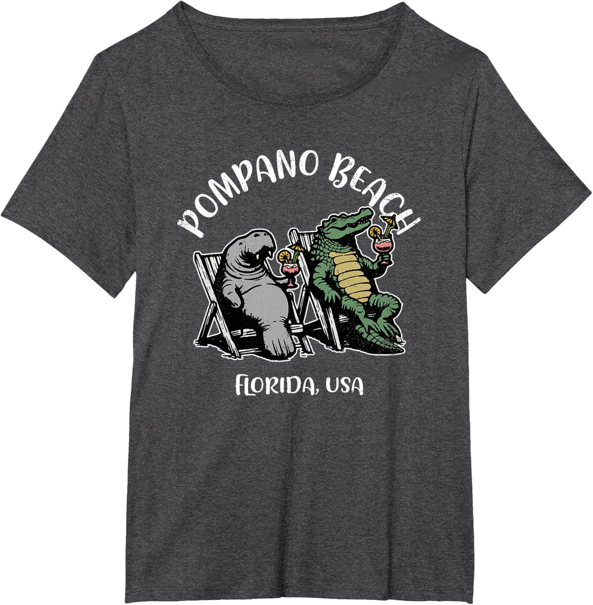 Pompano Beach Florida USA Funny Manatee and Alligator Design T-Shirt - Dark Heather Grey
