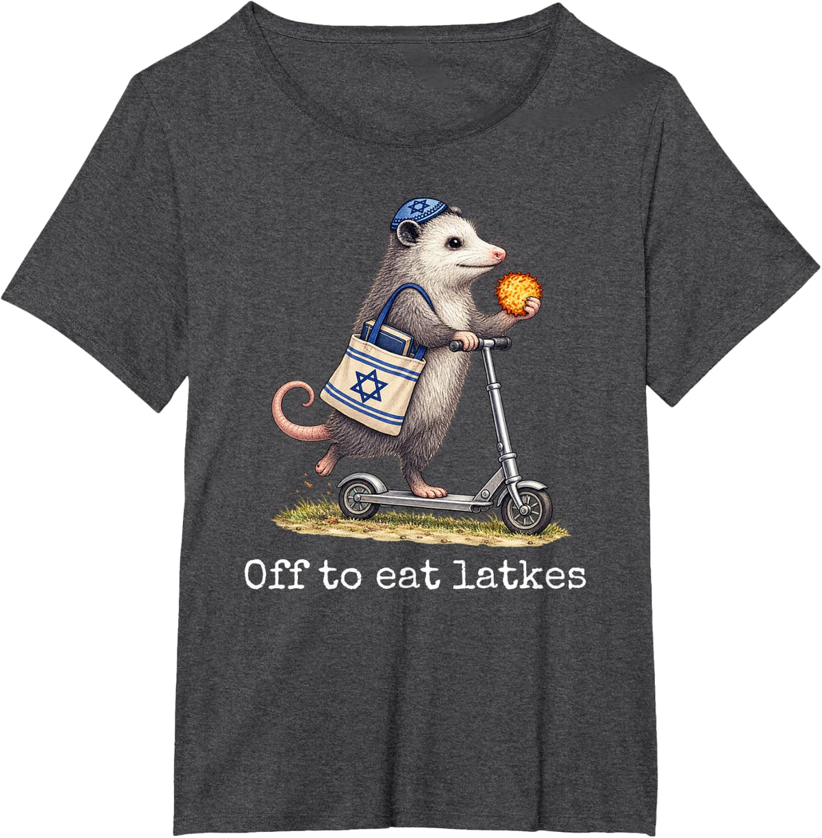 Off to eat Latkes Funny Opossum Hanukkah T-Shirt - Dark Heather Grey