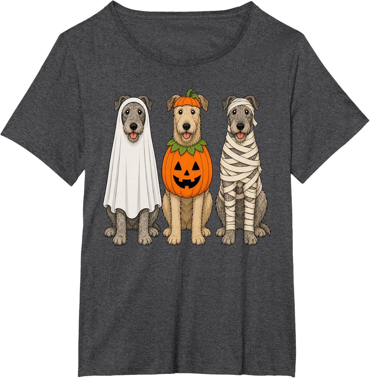 Spooky Irish Wolfhound Pumpkin Ghost Halloween Dog Lover T-Shirt - Dark Heather Grey
