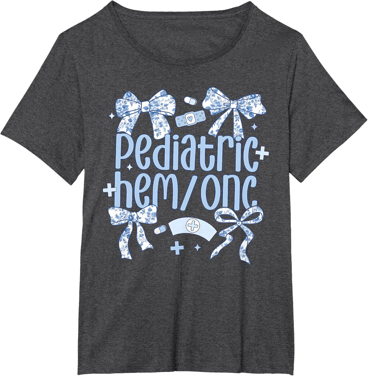 Pediatric Hem Onc Coquette Bow Floral Blue Nurse PEDS RN T-Shirt - Dark Heather Grey