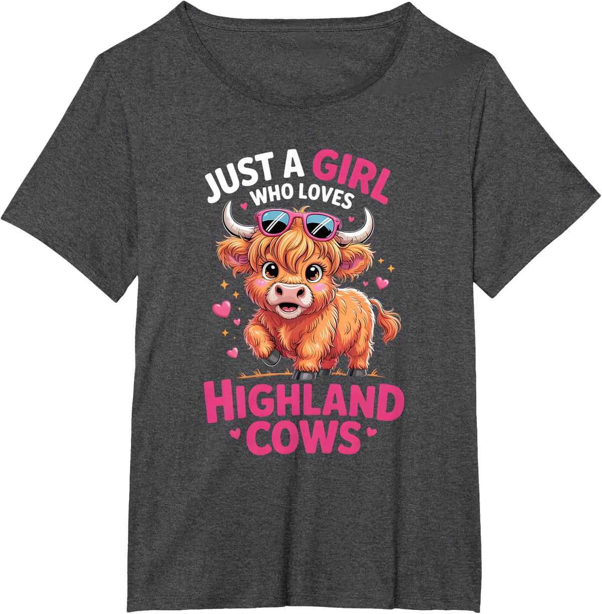 Girls Highland Cow T-Shirt - Dark Heather Grey