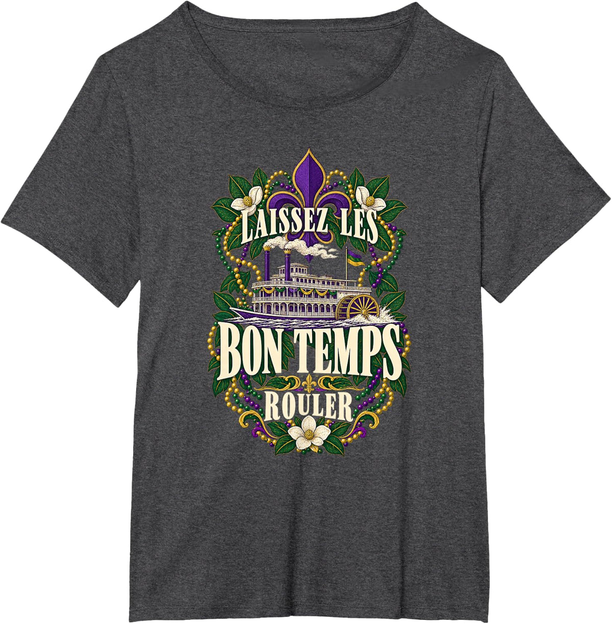 Laissez Les Bon Temps Rouler Mardi Gras Steamboat Beads T-Shirt - Dark Heather Grey