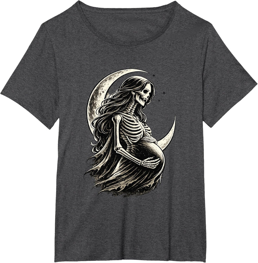 Gothic Pregnant Vampire Skeleton Halloween Design T-Shirt - Dark Heather Grey